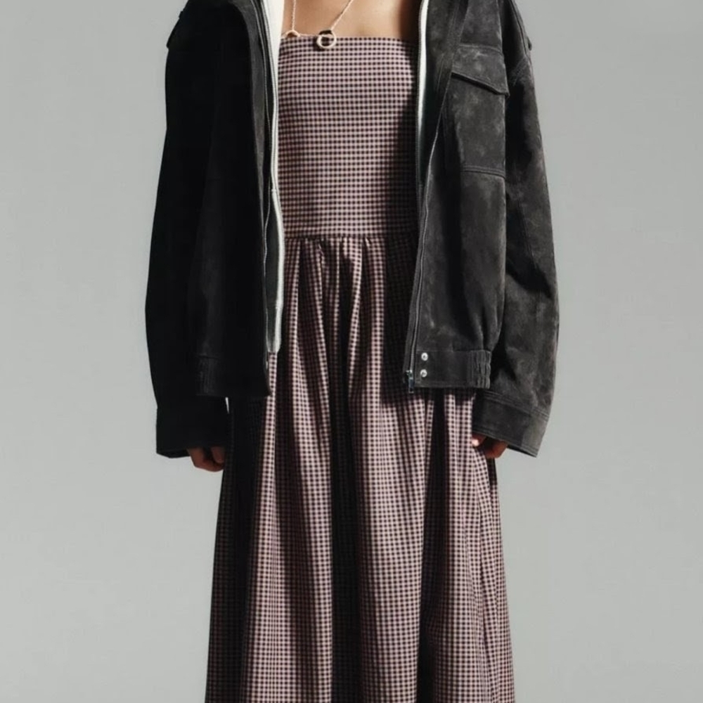 NWT Zara Strapless Gingham Patterned Midi Dress in Burgundy/White - S - Picture 2 of 16